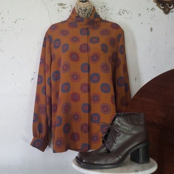 FOXCROFT Women's VINTAGE 70's Academia Mustard Bold Print Button Top Medium - Picture 1 of 9